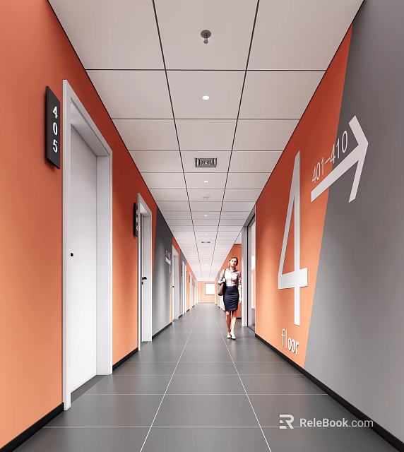 Modern Elevator Hallway With Orange Walls White Doors And Signage 3d model 