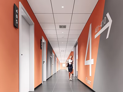Modern Elevator Hallway With Orange Walls White Doors And Signage 3d model
