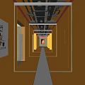 Modern Office Corridor With Orange Walls White Floor And Posters On Both Sides