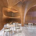 Modern Cafe Interior With Wavy Wooden Ceiling White Bar Counter Marble Floor And High Stools
