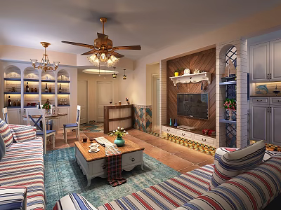 Cozy Modern Living Dining Room Interior With Striped Sofas Wooden Coffee Table And TV Wall 3d model