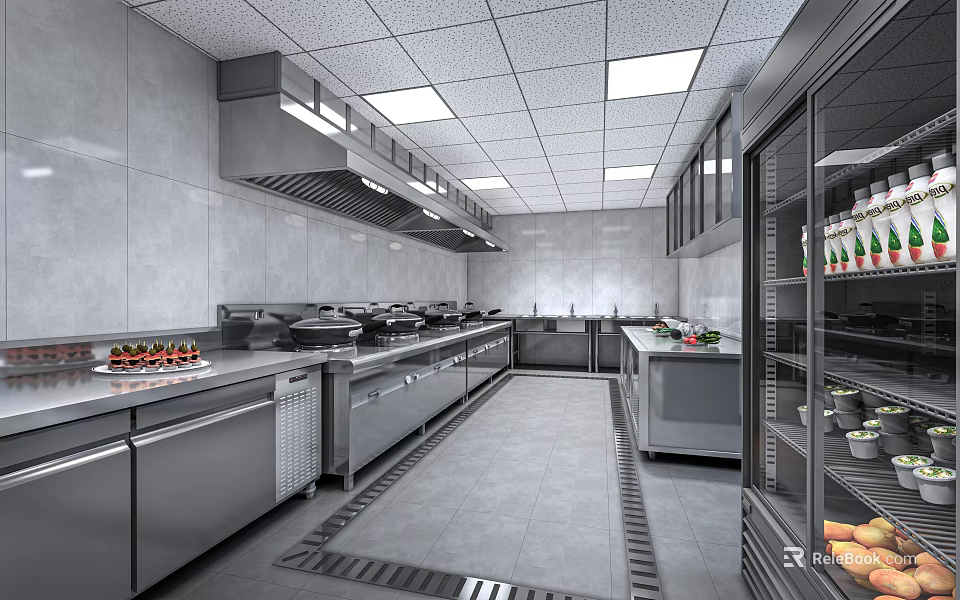 Commercial Kitchen With Stainless Steel Workstations Refrigeration Units Food Storage And Ventilation System 3d model 