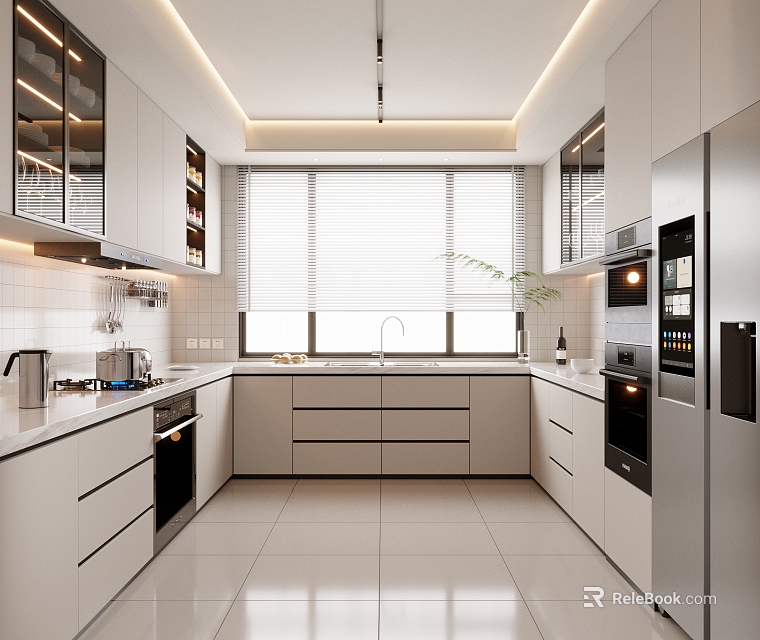 Modern Open Concept Kitchen With White Cabinets Island Counter And Stainless Steel Appliances 3d model 
