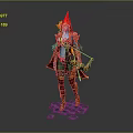 Blue Skinned Fantasy Character With Red Pointed Hat Green Pants Bow And Golden Decorations Standing On Stone Platform