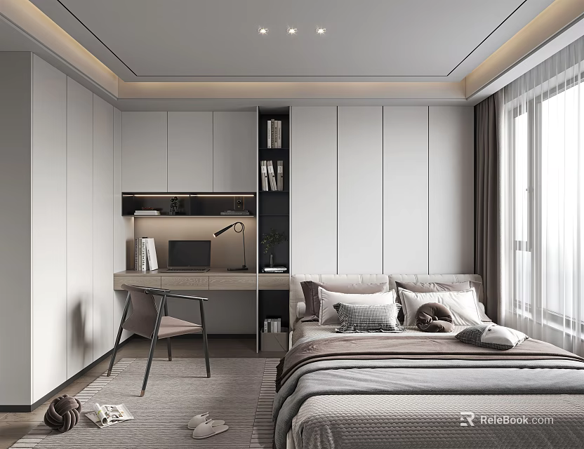 Minimalist Tatami Bedroom Interior Design With White Wardrobes Desk Window And Cozy Pillows 3d model 