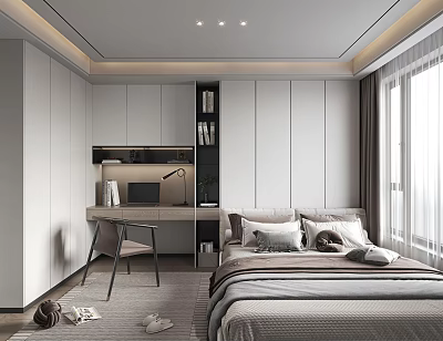Minimalist Tatami Bedroom Interior Design With White Wardrobes Desk Window And Cozy Pillows 3d model