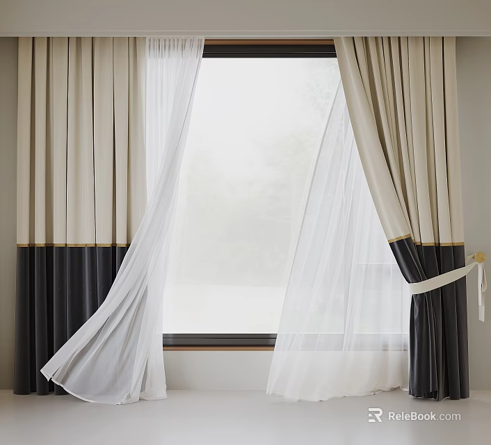 Beige and Black Layered Curtains with White Sheer and Tieback for Window Natural View 3d model 