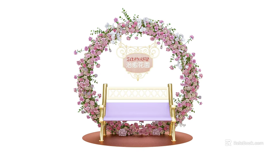 Romantic Photo Check In Spot With Pink White Flower Arch And Golden Bench 3d model 