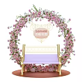 Romantic Photo Check In Spot With Pink White Flower Arch And Golden Bench