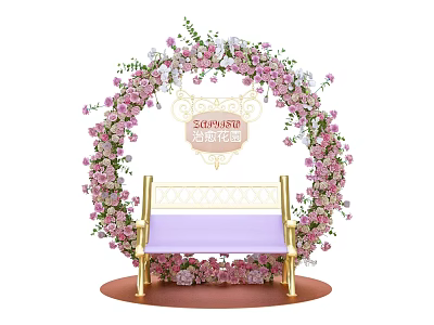 Romantic Photo Check In Spot With Pink White Flower Arch And Golden Bench 3d model