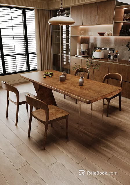 Rustic Wooden Dining Table Set With Four Chairs And Fruit Vases Near Wooden Cabinets 3d model 