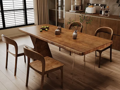 Rustic Wooden Dining Table Set With Four Chairs And Fruit Vases Near Wooden Cabinets 3d model