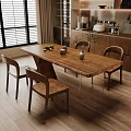 Rustic Wooden Dining Table Set With Four Chairs And Fruit Vases Near Wooden Cabinets