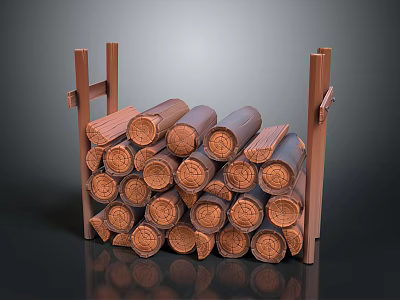Natural Wood Logs Stacked On Wooden Rack For Firewood Storage And 3d model