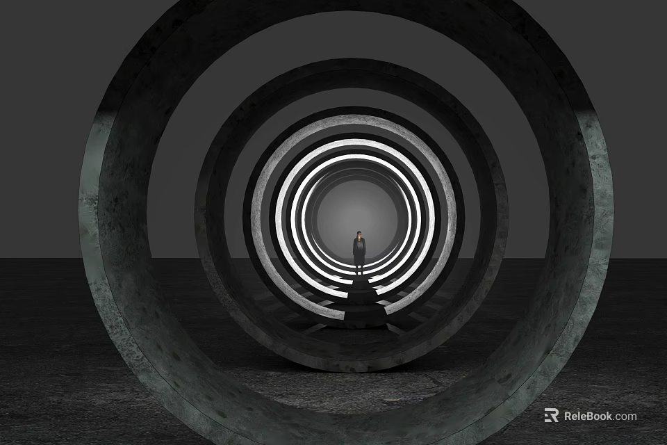 Cartoon Scene Featuring Circular Tunnel With Glowing Light Rings And Person Standing In Center 3d model 