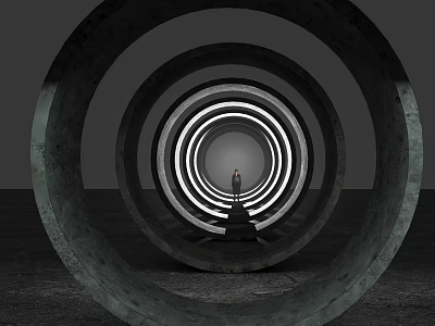Cartoon Scene Featuring Circular Tunnel With Glowing Light Rings And Person Standing In Center 3d model
