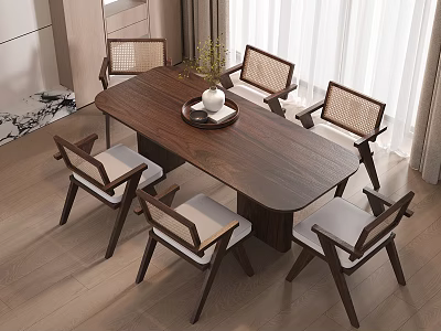 Modern Wooden Dining Table And Six Chairs With Woven Backrests And Gray Seat Cushions 3d model
