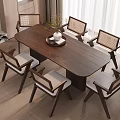 Modern Wooden Dining Table And Six Chairs With Woven Backrests And Gray Seat Cushions