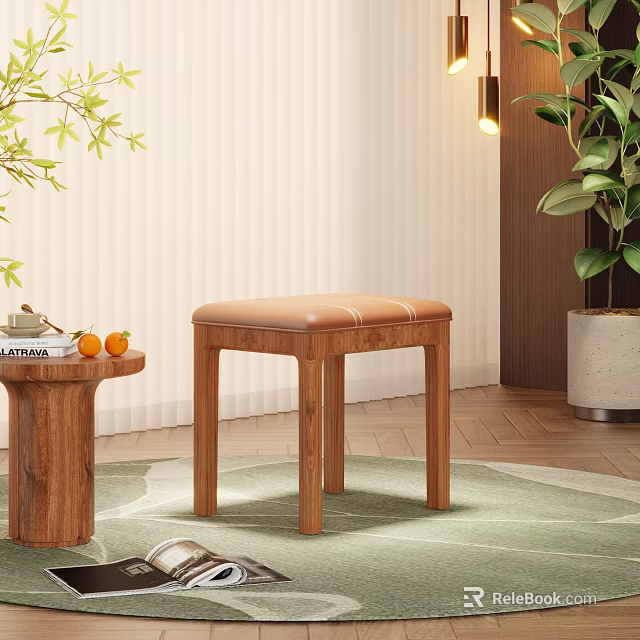 Cozy Indoor Wooden Stool With Leather Seat Near Green Rug And Small Table With Fruits 3d model 