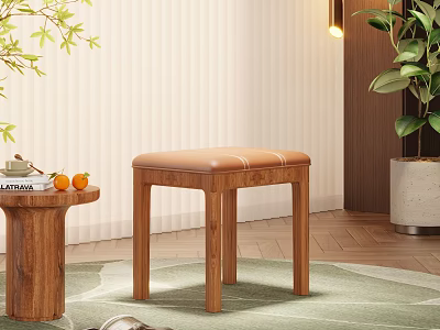 Cozy Indoor Wooden Stool With Leather Seat Near Green Rug And Small Table With Fruits 3d model
