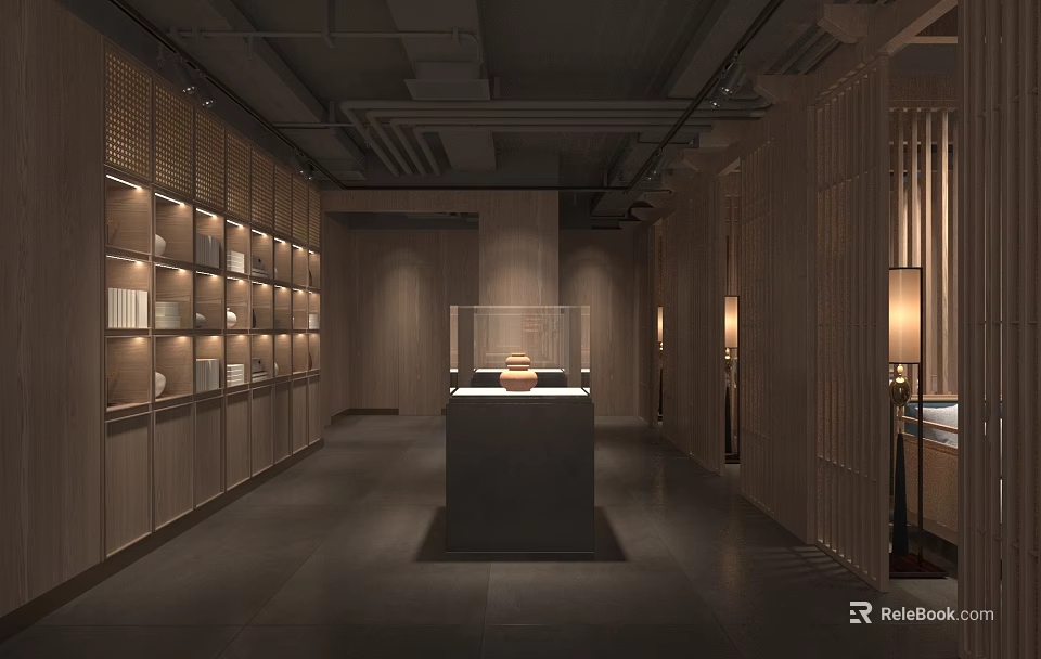 Modern Display Space Interior With Wooden Shelves Central Glass Covered Exhibit And Soft Lighting 3d model 