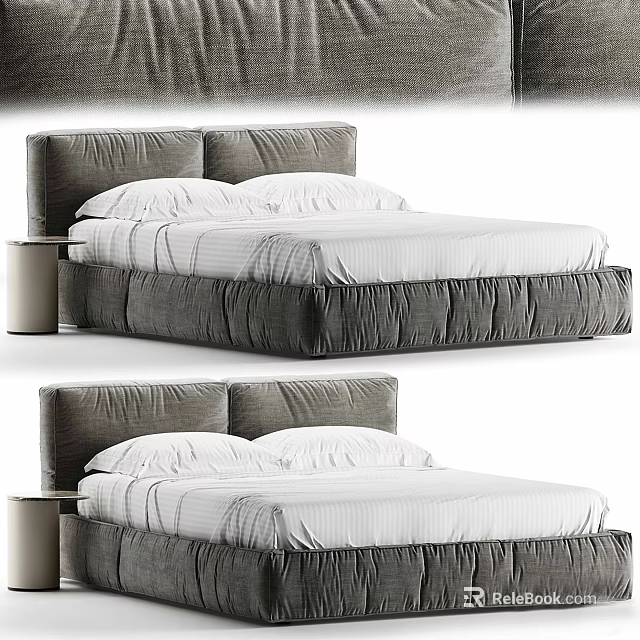 Modern Cozy Double Bed With Ruched Upholstered Frame And White Bedding 3d model 