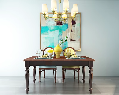 Elegant Dining Table Set with Wooden Table Yellow Upholstered Chairs Chandelier and Abstract Painting 3d model