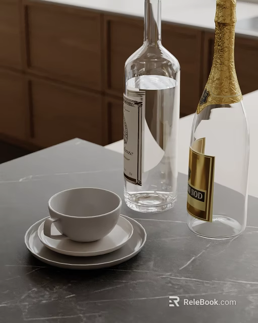 Kitchen Countertop With Grey Surface White Cup Saucer And Transparent Vodka Bottles 3d model 