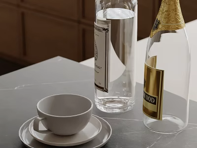 Kitchen Countertop With Grey Surface White Cup Saucer And Transparent Vodka Bottles 3d model