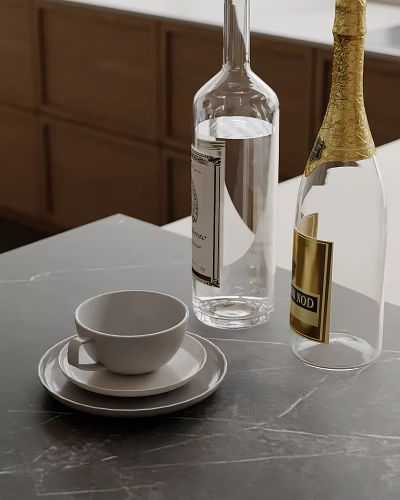 Kitchen Countertop With Grey Surface White Cup Saucer And Transparent Vodka Bottles 3d model