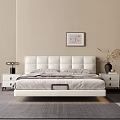 Modern White Double Bed with Upholstered Headboard in Beige Bedroom with Nightstand and Decorative Painting