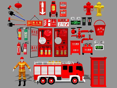 Essential Fire Safety Equipment Including Fire Truck Hydrant Extinguishers Uniform And Emergency Tools 3d model