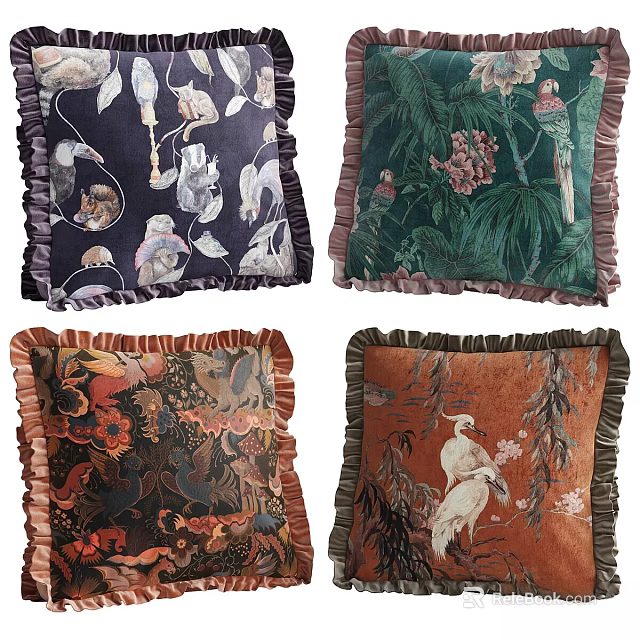 Vibrant Animal And Botanical Print Decorative Pillows With Ruffled Edges And Colorful Patterns 3d model 