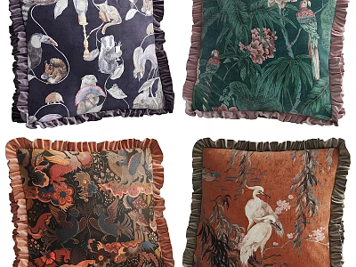 Vibrant Animal And Botanical Print Decorative Pillows With Ruffled Edges And Colorful Patterns 3d model