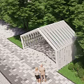 Modern White Slatted Pergola in Landscape with Green Trees and Stone Pavement