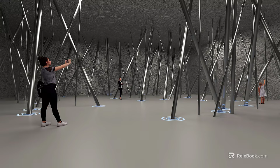 Tilted Silver Metal Poles In Gray Room With People Taking Photos And Standing 3d model 