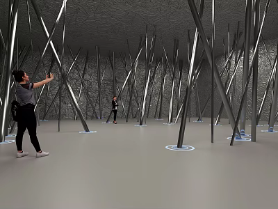 Tilted Silver Metal Poles In Gray Room With People Taking Photos And Standing 3d model