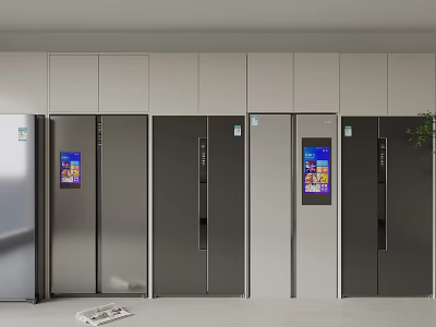 Sleek Modern Refrigerators and Freezers With Multiple Doors Display Screens in Silver Gray 3d model