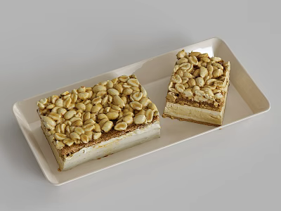 Delicious Layered Dessert with Crunchy Peanut Topping on Beige Tray 3d model