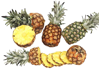 Fresh Ripe Pineapples With Whole Cut Slices And Juicy Yellow Flesh 3d model