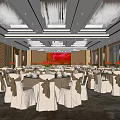 Elegant Banquet Hall Interior With Round Tables White Chair Covers Crystal Chandeliers And Red Backdrop