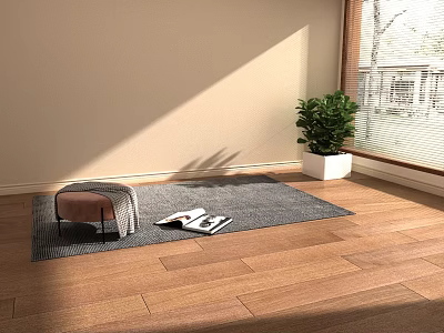 Sunlit Indoor Space With Wooden Floor Gray Rug Small Stool Magazines And Green Plant 3d model