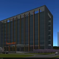 Modern Office Building With Glass Curtain Wall Orange Columns Green Lawn And Purple Trees