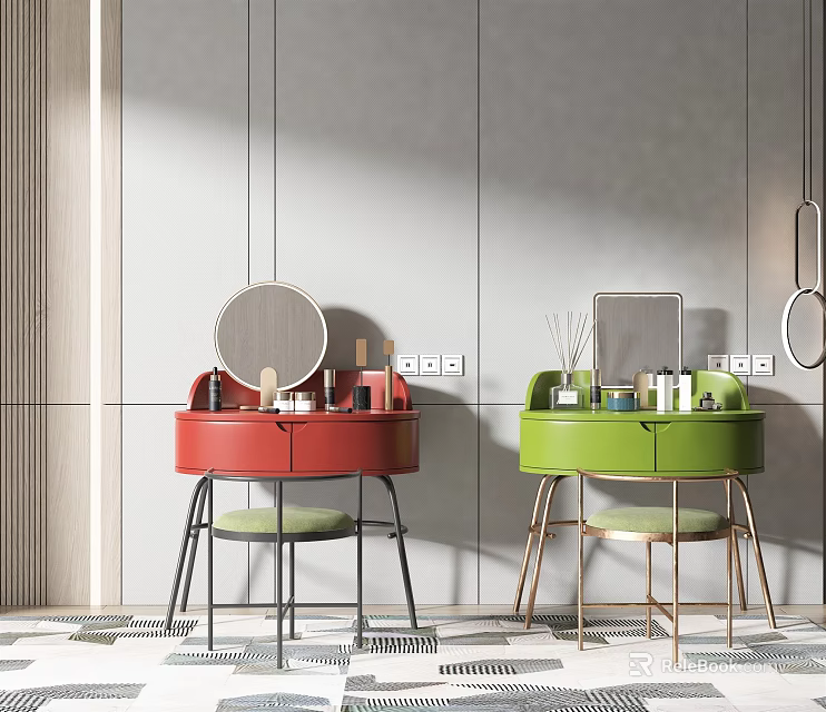 Red And Green Dressing Tables With Mirrors Chairs Gray Wall Black White Checkered Floor 3d model 