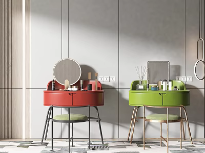 Red And Green Dressing Tables With Mirrors Chairs Gray Wall Black White Checkered Floor 3d model