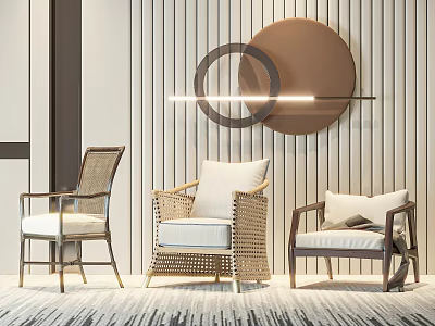 Three Stylish Rattan Leisure Chairs With Wooden Frame And Circular Wall Lamp 3d model