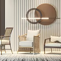 Three Stylish Rattan Leisure Chairs With Wooden Frame And Circular Wall Lamp