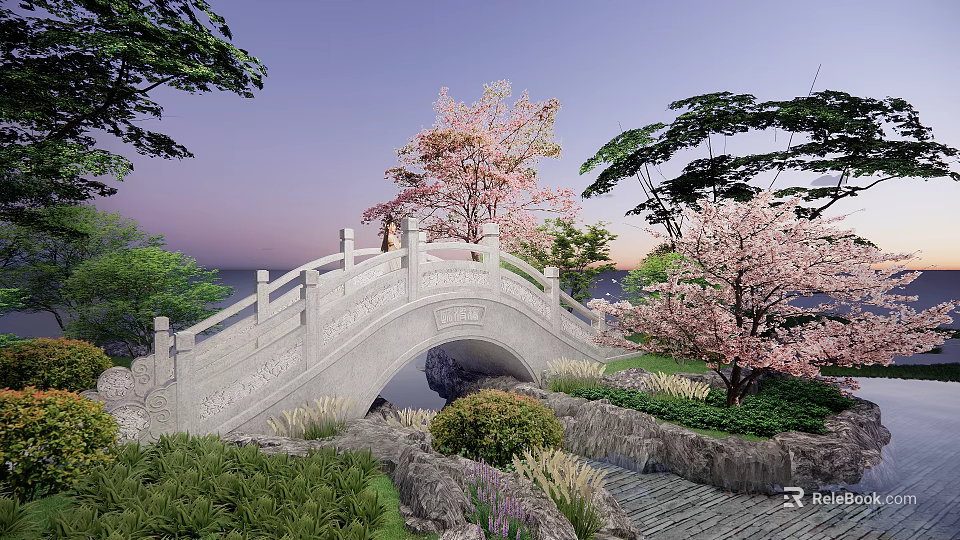 Stone Arch Landscape Bridge With Cherry Blossom Trees Green Vegetation And Sunset Sky 3d model 