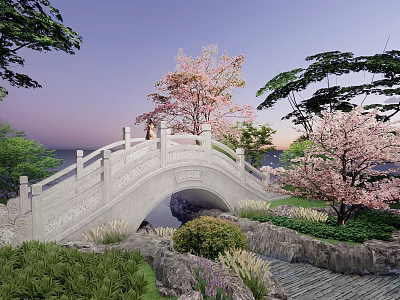 Stone Arch Landscape Bridge With Cherry Blossom Trees Green Vegetation And Sunset Sky 3d model