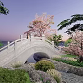 Stone Arch Landscape Bridge With Cherry Blossom Trees Green Vegetation And Sunset Sky